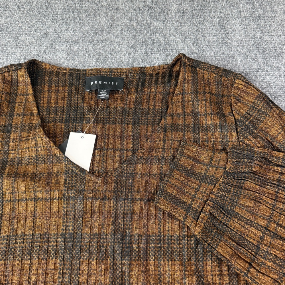 NWT Premise Top Brown Bronze Plaid Metallic Ribbed V-Neck Puff Sleeve S Y2K